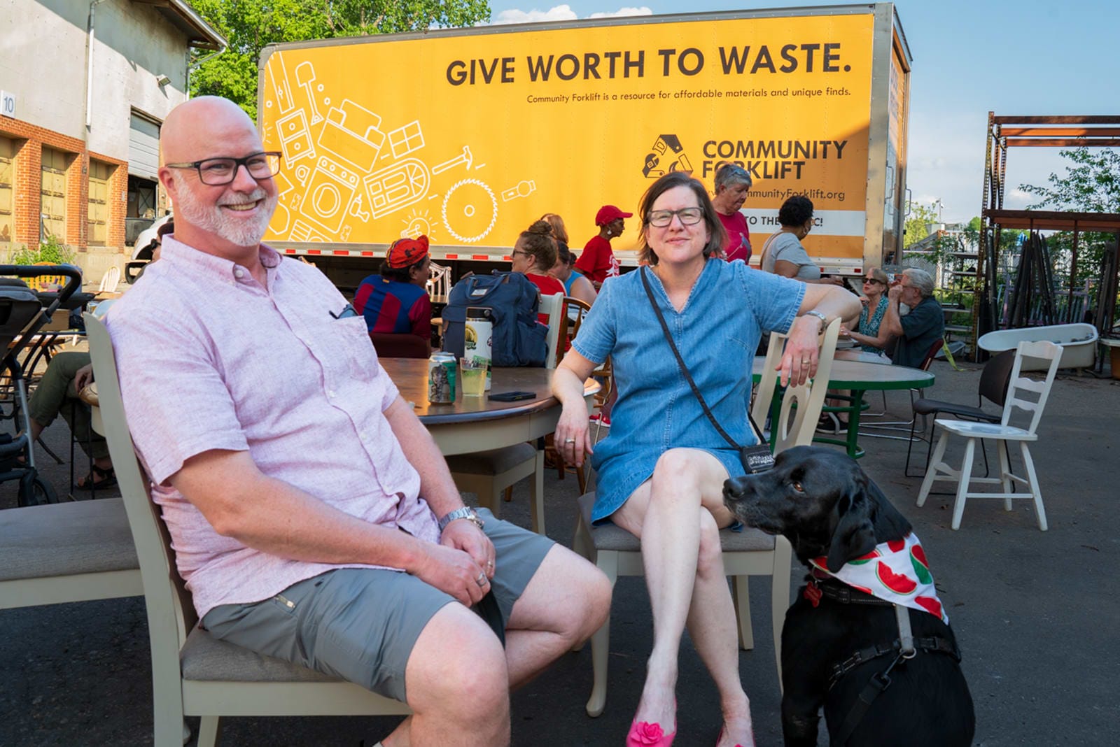 Well-behaved, leashed pets are welcome at our reuse warehouse events.