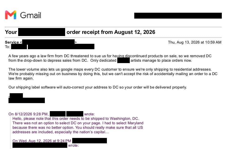 “More ‘shipping to DC’ woes – a little different from the usual excuses…”